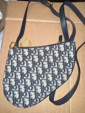 Dior Navy and Cream Saddle Crossbody Bag with Gold-Tone D Charm
